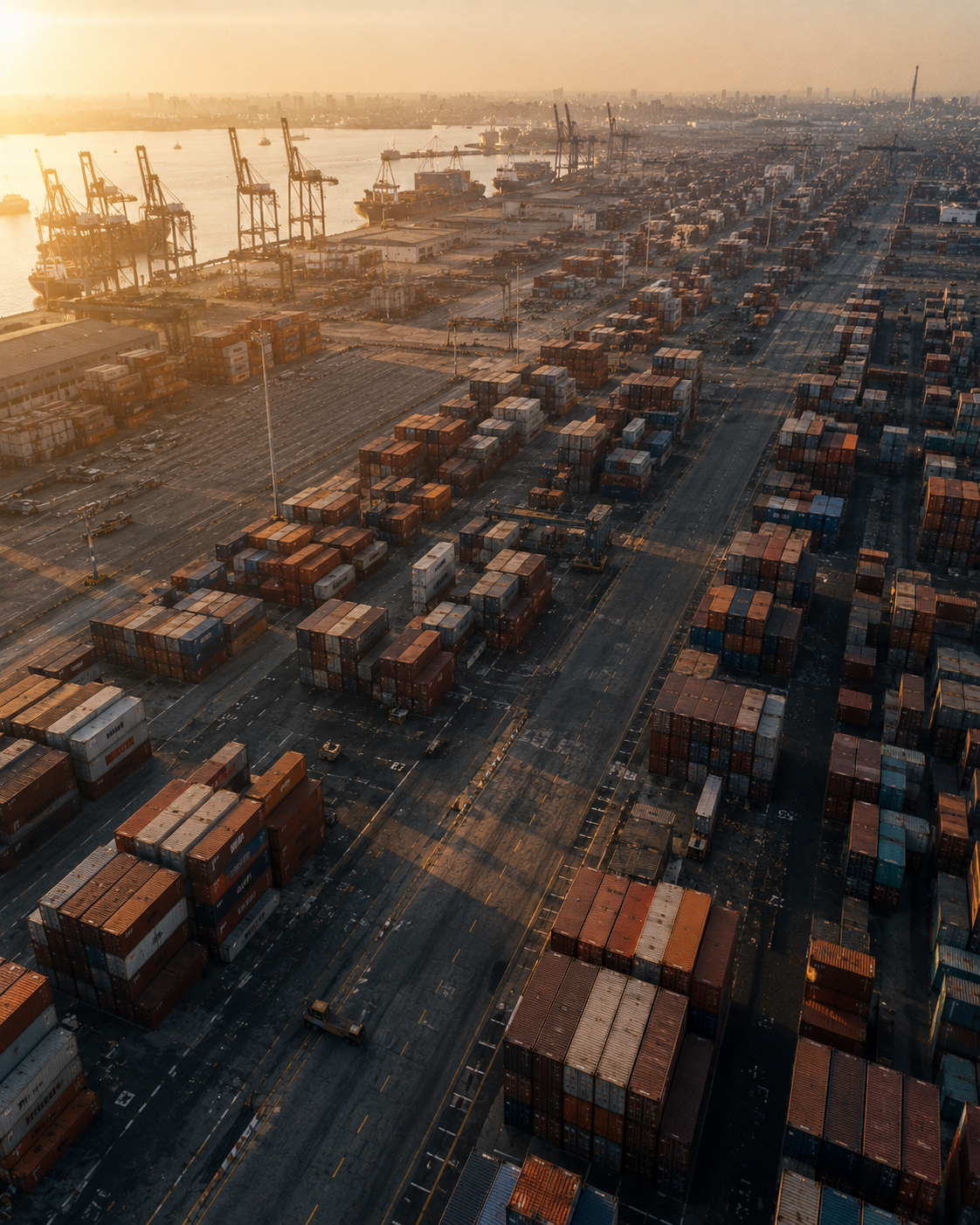 Container ship at anchor at dawn - idle, waiting