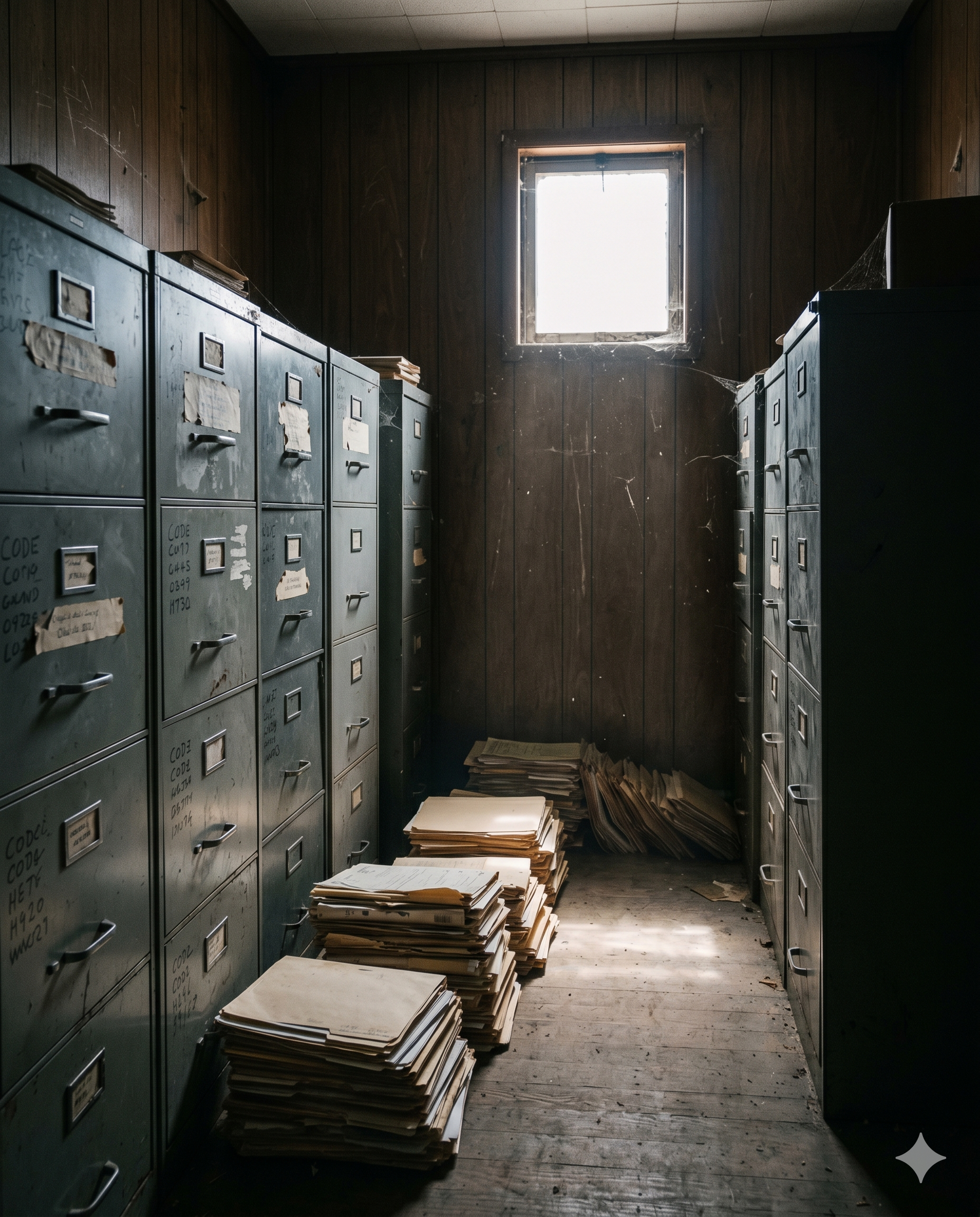 Dim filing-cabinet archive of forgotten shipping records