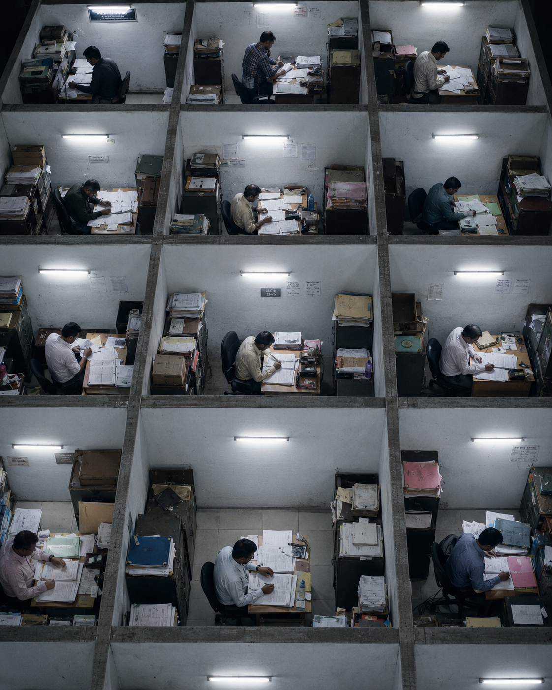 Grid of isolated office cubicles in a port logistics office