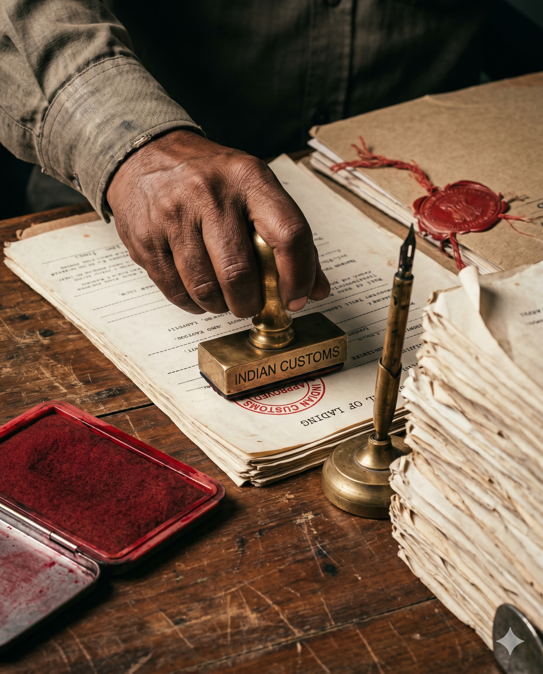 Customs officer hand-stamping a paper Bill of Lading