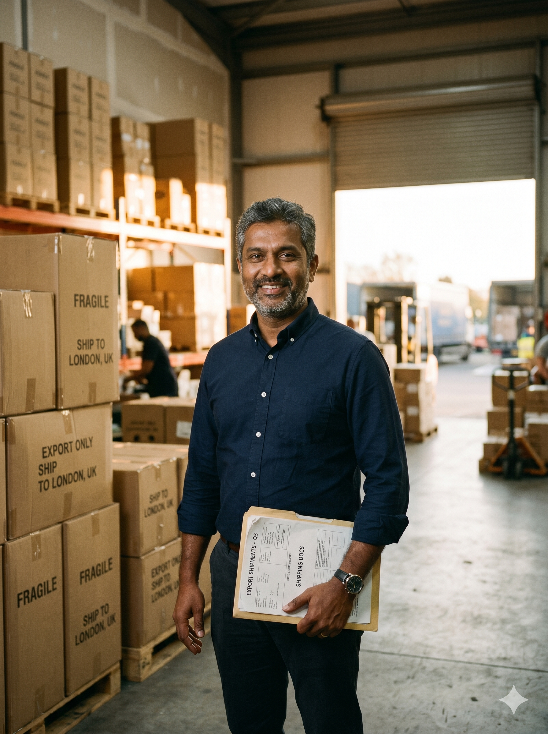 An Indian exporter reviewing shipping documents at their warehouse