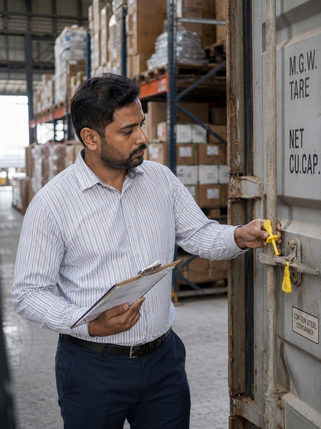 An importer inspecting incoming cargo at a port
